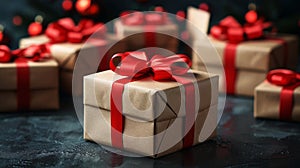Group of gift boxes with red ribbon