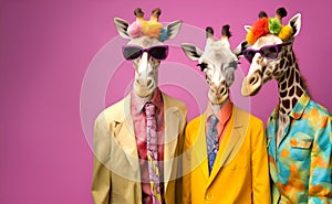 Group of giraffe in funky Wacky wild mismatch colourful outfits isolated on bright background advertisement