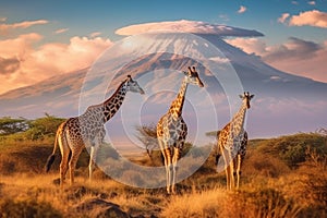 Group of giraffes in savannah with Mount Kilimanjaro in background, Tanzania, Africa with Generative AI.