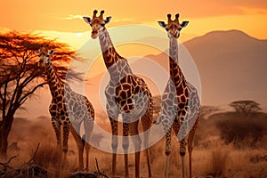 Group of giraffes in savannah at sunset, South Africa, giraffe walking in the savannah, AI Generated