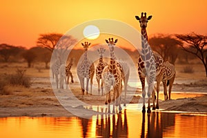 Group of Giraffes at sunset in Etosha National Park, Namibia, A herd of giraffes and zebras in Etosha National Park, Namibia,