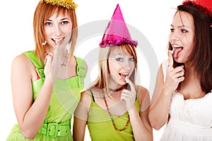 Group girl on birthday eat chocolate cake.