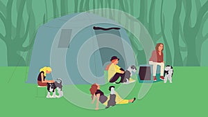 Group of girls sitting near tents with terrier dogs. Open air dog show attendants. Camping with pets. Flat style cartoon