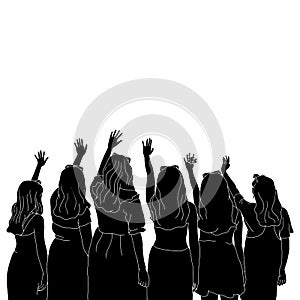 A group of girls waving their hands in the air, friends time, the silhouette of people for friendship day. hand-drawn character
