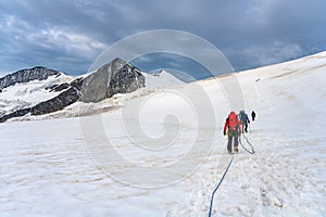 Group of glacier mountaineers on a rope