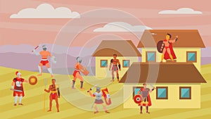 Group of gladiators warriors fighters in armor battle vector illustration flat. Greek roman ancient historical character