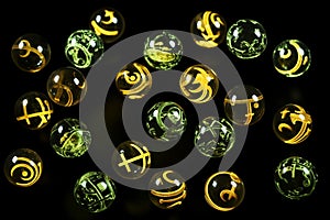 A group of glass balls decorated with yellow and green symbols soaring in the air against a black background.