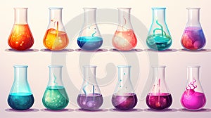 Group Of Glass Beakers With Different Colored Liquids