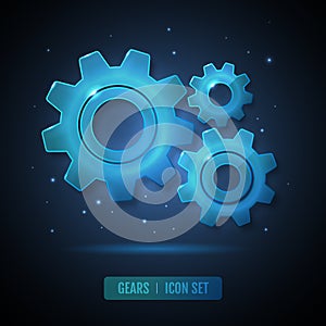 Group of glass blue neon gears on dark background.  Cog icon design.