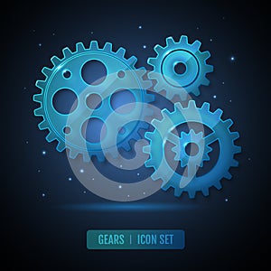 Group of glass blue neon gears on dark background.  Cog icon design.