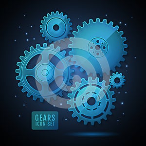 Group of glass blue neon gears on dark background.  Cog icon design.