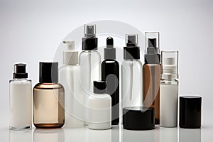 Group of glass cosmetic bottles of different volume on white background, Generated AI