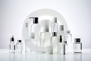 Group of glass cosmetic bottles of different volume on white background with reflection, Generated AI