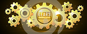 Group of glass yellow neon gears on dark background.  Cog icon design.