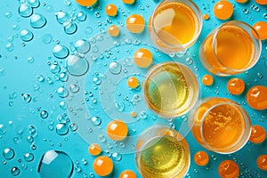 A group of glasses filled with orange juice and bubbles on a blue background, top view, AI