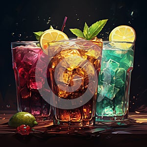 a group of glasses with ice and fruit