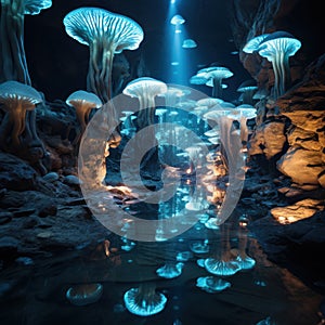 a group of glowing mushrooms in a cave