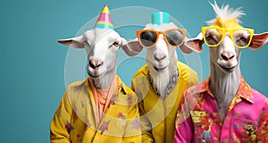 Group of goat in funky Wacky wild mismatch colourful outfits isolated on bright background advertisement