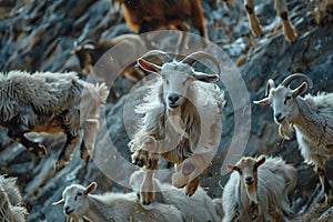 A group of goats, with one prominently displaying its horns as it leaps high above the flock during a playful fight