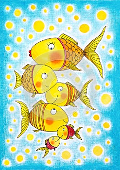 Group of gold fish, child's drawing, watercolor painting