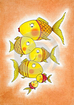 Group of gold fish, child's drawing, watercolor painting