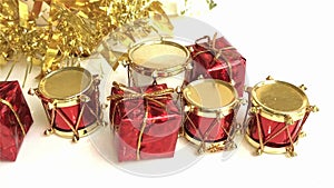 Group of gold gift boxes with camera panning on white background