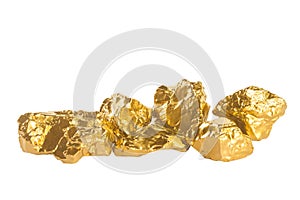 Group of golden bars isolated on white background close up. Shining golden nuggets isolated on white background