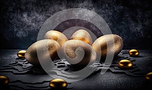 a group of golden eggs sitting on top of a black tablecloth covered in gold foiled eggs and confetti on top of a black table