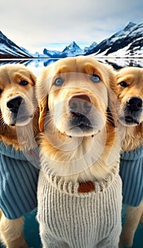 a group of golden retriever dogs wearing clothes image generative AI