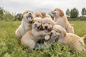 A group of golden retriever puppies playfully tumbling over one another in a grassy field, joyful expressions , ai generative photo