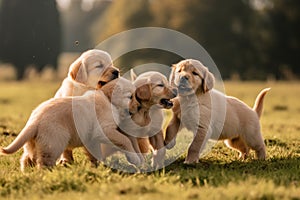 A group of golden retriever puppies playfully tumbling over one another in a grassy field, joyful expressions , ai generative