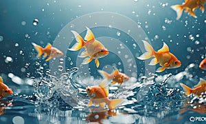 A group of goldfish are jumping in the water.
