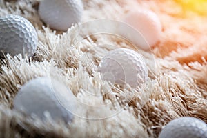 group Golf ball on fur texture rug methaphor to green grass course lawn field park golf concept with light flare effect