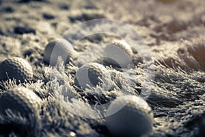 group Golf ball on fur texture rug methaphor to green grass course lawn field park golf concept with light flare effect