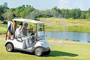 Group Golfer asian man and friend sitting on the car golf go to golf course shot continue game.