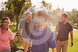 Group Of Golfers Walking Along Fairway Carrying Golf Bags