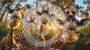 A group of graceful giraffes standing together in the wild, showcasing their long necks and distinctive markings