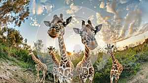 A group of graceful giraffes with their towering necks standing side by side in unity on the savannah