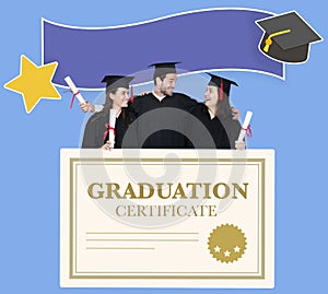 Group of grads in cap and gown with graduation certificate