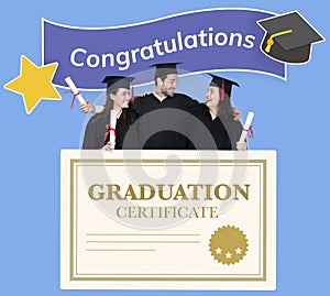 Group of grads in cap and gown with graduation certificate