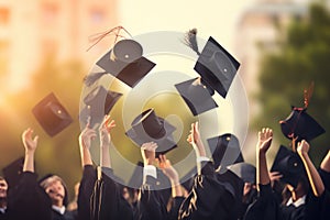 Group of graduates throwing caps in the air. Education and graduation concept, Graduation ceremony concept, hats and diplomas