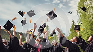 A group of graduates throwing graduation caps in the air. Generative AI