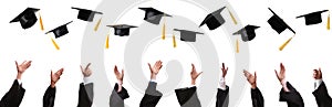 Group of graduates throwing hats against white background, closeup. Banner design