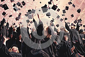 Group of graduates throwing their caps in the air. Education concept. A group of graduates throwing graduation caps in the air, no
