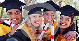 Group, graduation and selfie with portrait, campus and document of diploma from college and celebration. Gen z, women