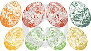 Group of graphic drawn Easter colored eggs, white background. AI generated.