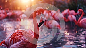 Group of Greater flamingos standing in water at sunset