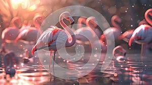 A group of Greater flamingos wading in the liquid at sunset