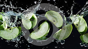 Group of Green Apples Dropped Into Water