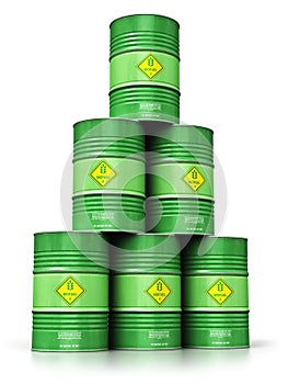 Group of green biofuel drums isolated on white background